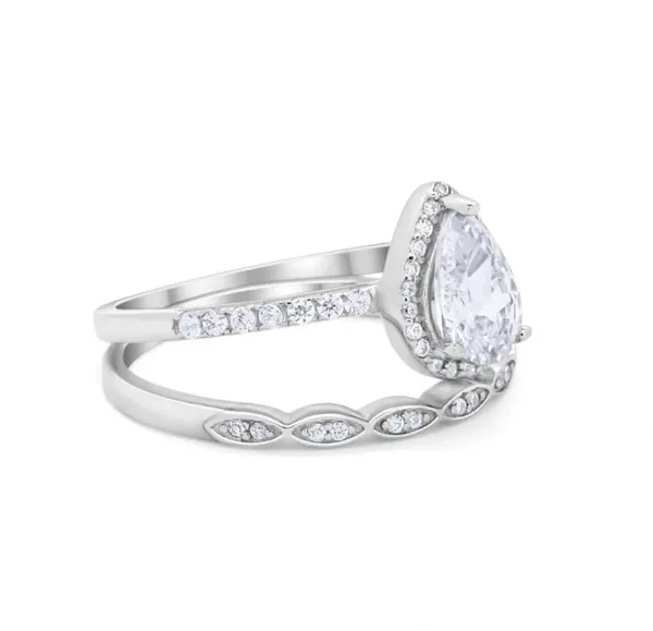 Teardrop Wedding Ring Set Pear Round Simulated CZ 925 Sterling Silver