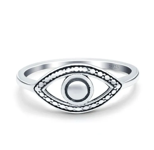 Oxidized Solid Sterling Silver Evil Eye Protection Ring Good Luck Band For Her