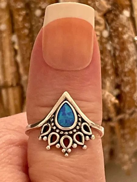 Chevron midi thumb ring band pair round lab created blue opal solid 925 silver