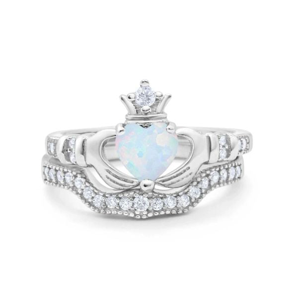 Wedding band set heart lab created white opal 95 solid silver Irish Claddah Rings