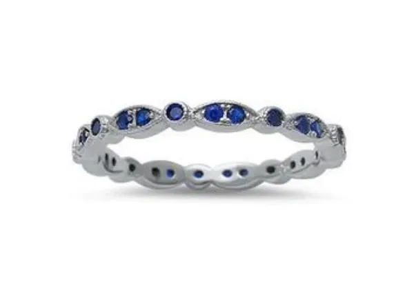 Stackable Ring Round Simulated Blue Sapphire Cubic Zirconia 925 Sterling Silver