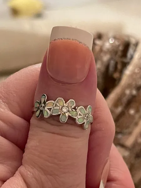 Plumeria Flower Ring Band Lab Created White Opal Solid 925 Sterling Silver (8mm)