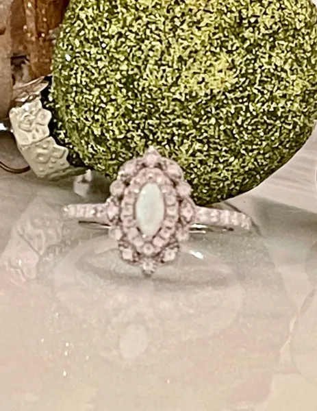Art deco marquee wedding ring lab created white opal 925 sterling silver ring
