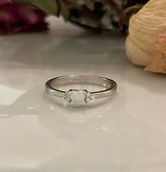 Engagement heart promise ring around lab created white opal 925 sterling silver