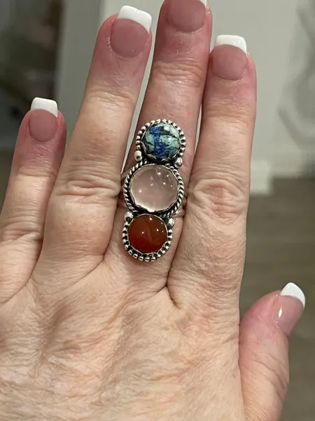 Azurite Turquoise, Rose Quartz & Orange Carnelian Solid Silver Ring Sz 8