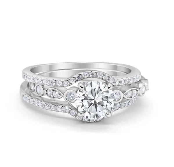 Trio Set Three Piece Wedding Ring Round Simulated Cubic Zirconia 925 Sterling Silver.