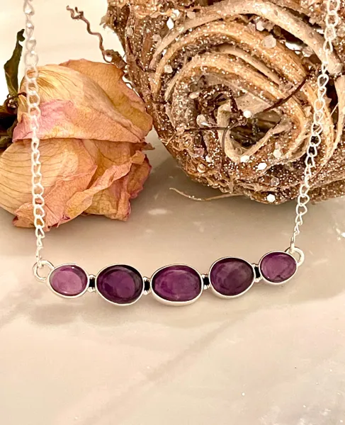 Natural 5 Stone Amethyst & 925 Solid Sterling Silver Necklace 16-18”