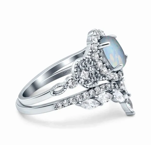 Wedding Band Bridal Ring Oval Accent Vintage Lab Created White Opal 925 Sterling Silver