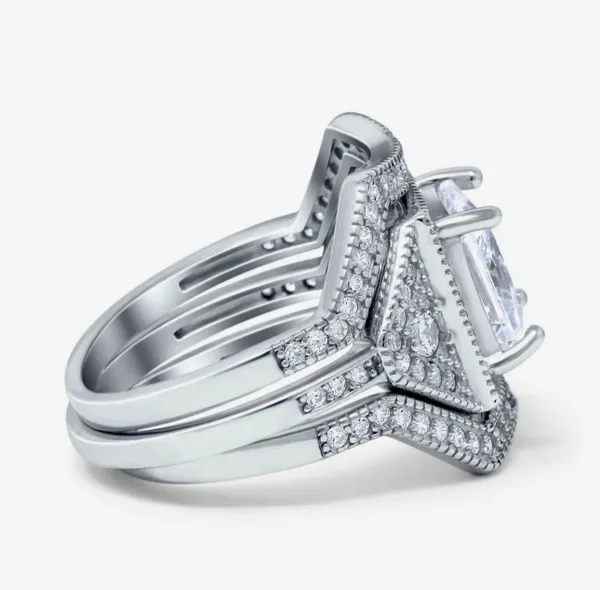 Princess Cut Art Deco Three Piece Bridal Set Wedding Ring Simulated CZ 925 Sterling Silver
