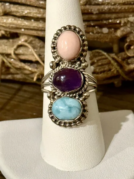 Larimar, Amethyst & Pink Opal Three Stone Bohemian Size 8