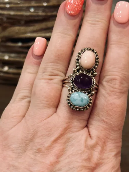 Larimar, Amethyst & Pink Opal Three Stone Bohemian Size 8