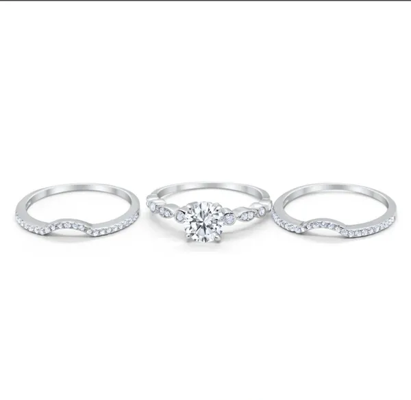 Trio Set Three Piece Wedding Ring Round Simulated Cubic Zirconia 925 Sterling Silver.