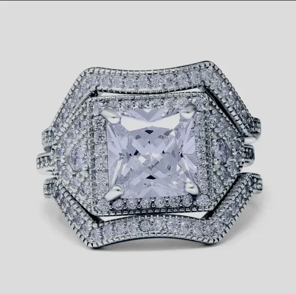 Princess Cut Art Deco Three Piece Bridal Set Wedding Ring Simulated CZ 925 Sterling Silver