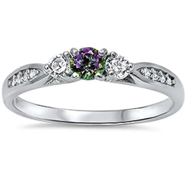 Three stone engagement promise ring simulated rainbow CZ 925 sterling silver ring