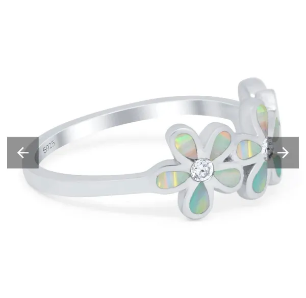 Plumeria Flower Ring Band Lab Created White Opal Solid 925 Sterling Silver (8mm)