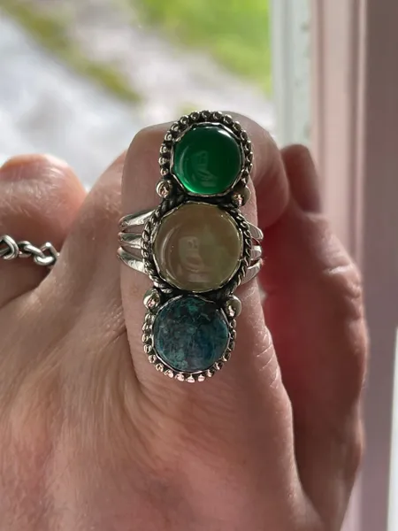 Chrysocolla, Rutile & Jade Three Stone Boho 925 Sterling Ring Size 10