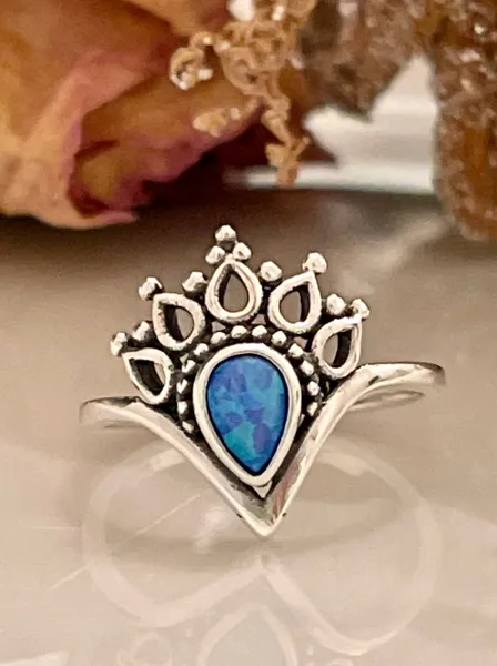 Chevron midi thumb ring band pair round lab created blue opal solid 925 silver