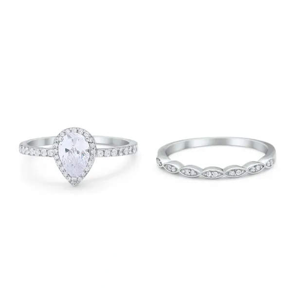 Teardrop Wedding Ring Set Pear Round Simulated CZ 925 Sterling Silver