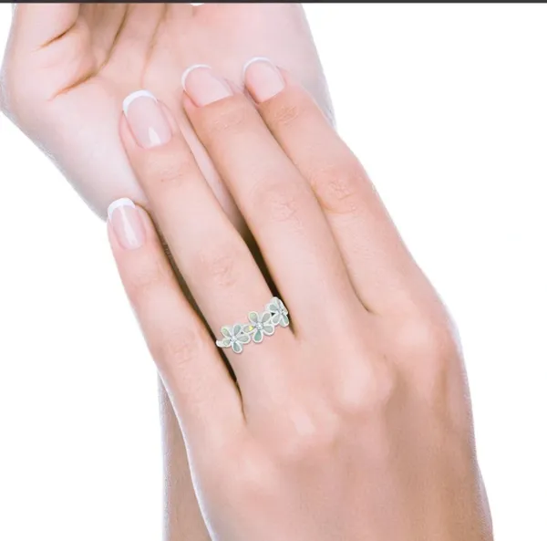 Plumeria Flower Ring Band Lab Created White Opal Solid 925 Sterling Silver (8mm)