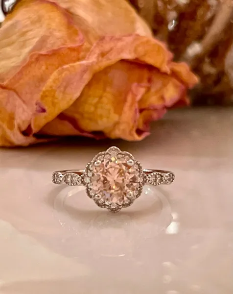 Floral art simulated pink CZ 925 sterling silver engagement ring, promise ring, or a casual ring.