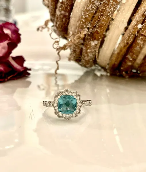Halo Engagement Ring Cushion Simulated Aquamarine CZ .925 Sterling Silver Ring