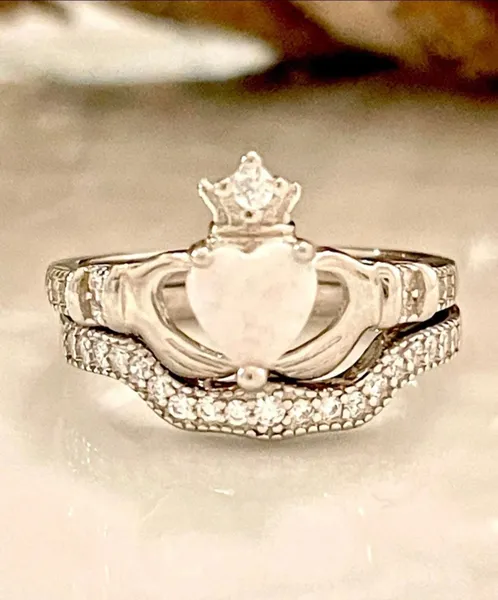 Wedding band set heart lab created white opal 95 solid silver Irish Claddah Rings