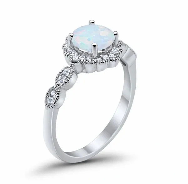 Floral art wedding engagement ring lab created white opal 925 sterling silver ring