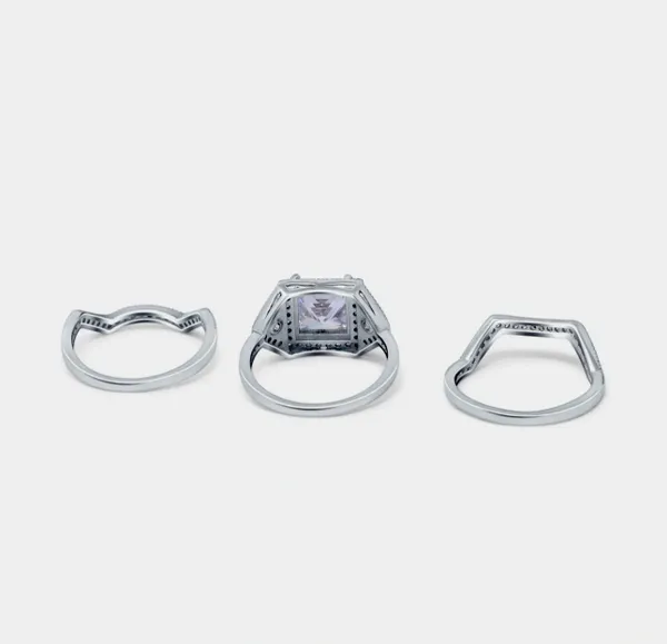 Princess Cut Art Deco Three Piece Bridal Set Wedding Ring Simulated CZ 925 Sterling Silver