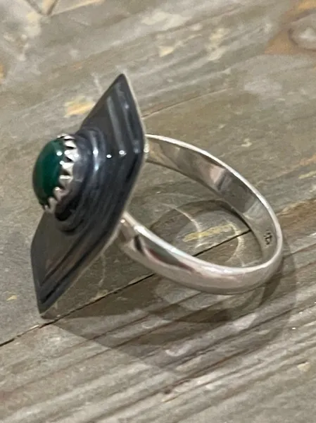 Natural Malachite Coffin Solid 925 Silver Ring.