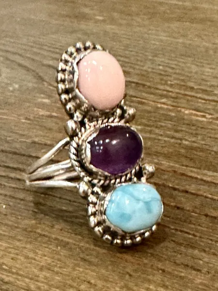 Larimar, Amethyst & Pink Opal Three Stone Bohemian Size 8