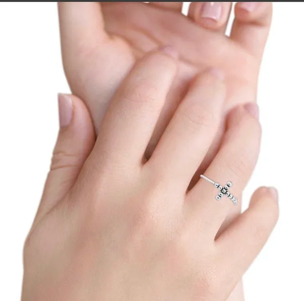 Cross Beaded Plain Ring Petite Dainty Sideways Band 925 Sterling Silver