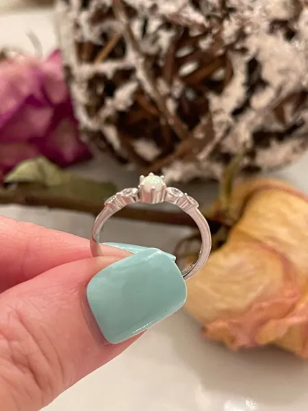 Petite, dainty engagement ring marquee lab white opal 925 solid silver ring
