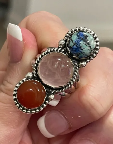Azurite Turquoise, Rose Quartz & Orange Carnelian Solid Silver Ring Sz 8