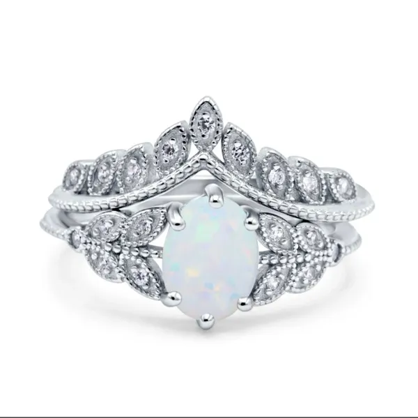 Two Piece Vintage Style Wedding Bridal Set Ring Band Oval Lab Created White Opal 925 Sterling Silver