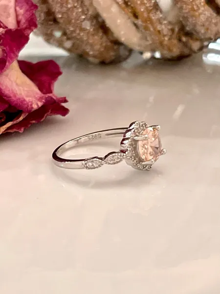 Floral art simulated pink CZ 925 sterling silver engagement ring, promise ring, or a casual ring.