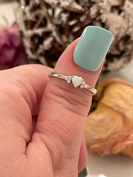 Engagement heart promise ring around lab created white opal 925 sterling silver