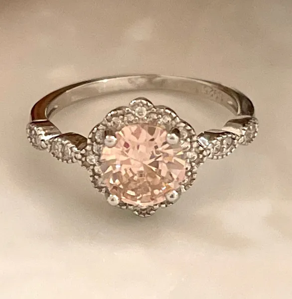 Floral art simulated pink CZ 925 sterling silver engagement ring, promise ring, or a casual ring.