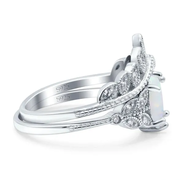 Two Piece Vintage Style Wedding Bridal Set Ring Band Oval Lab Created White Opal 925 Sterling Silver