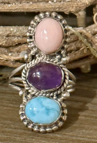 Larimar, Amethyst & Pink Opal Three Stone Bohemian Size 8