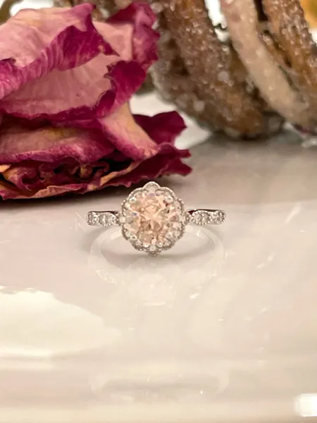Floral art simulated pink CZ 925 sterling silver engagement ring, promise ring, or a casual ring.