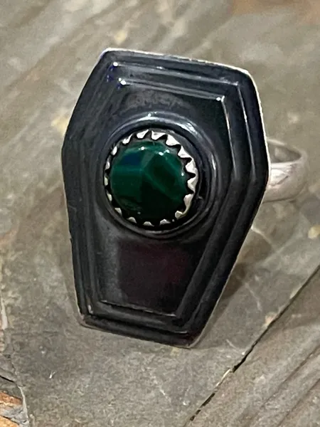Natural Malachite Coffin Solid 925 Silver Ring.