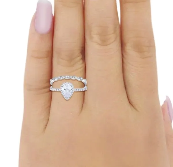 Teardrop Wedding Ring Set Pear Round Simulated CZ 925 Sterling Silver