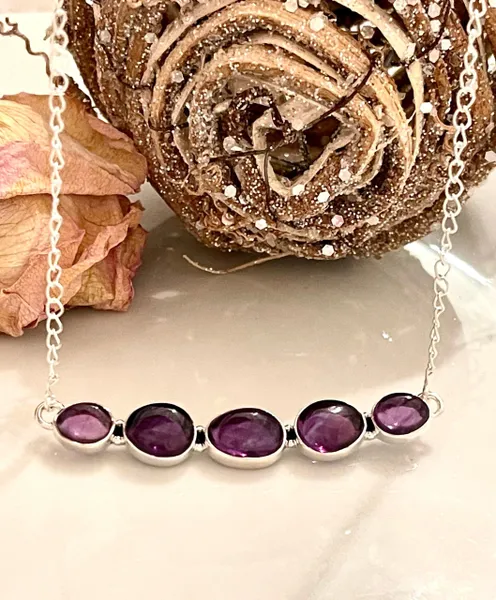Natural 5 Stone Amethyst & 925 Solid Sterling Silver Necklace 16-18”