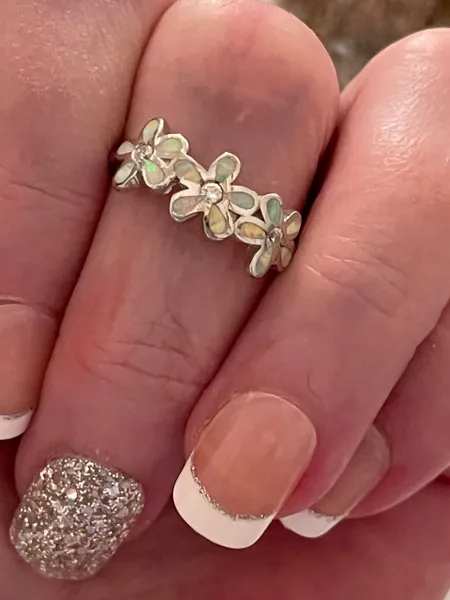 Plumeria Flower Ring Band Lab Created White Opal Solid 925 Sterling Silver (8mm)