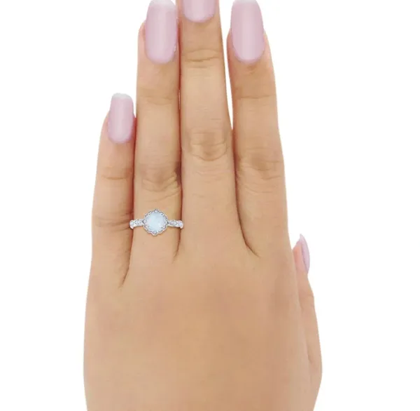 Floral art wedding engagement ring lab created white opal 925 sterling silver ring