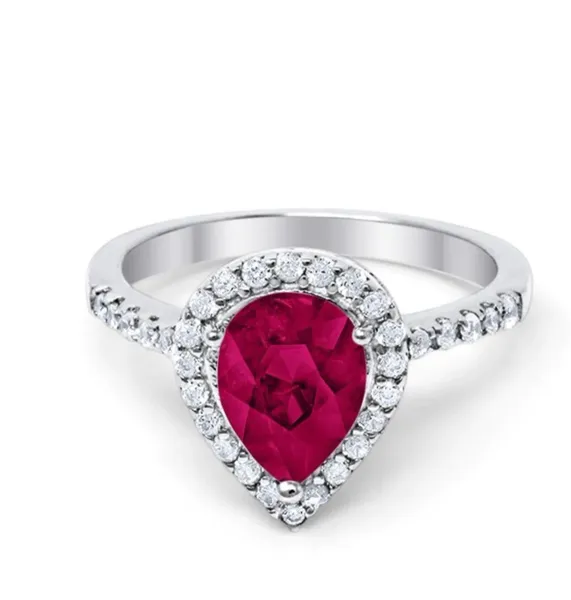 Halo Teardrop Bridal Filigree Ring Simulated Ruby CZ 925 Sterling Silver