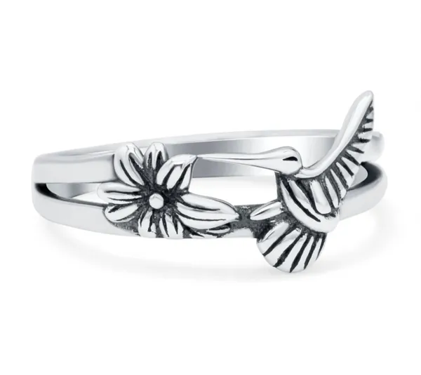 Flower Hummingbird Oxidized Band Solid 925 Sterling Silver Thumb Ring (3.5mm)