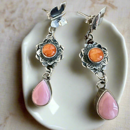 Pink Conch & Spiny Oyster Butterfly Sterling Dangle Earrings