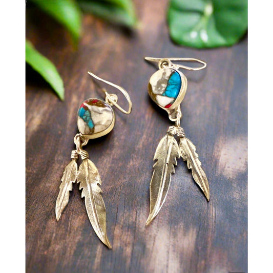 Cotton Candy Turquoise Teardrop Dangle Feather Earrings 2.25” Long