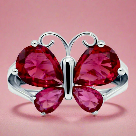 Teardrop Pear Butterfly Ring Simulated Ruby CZ